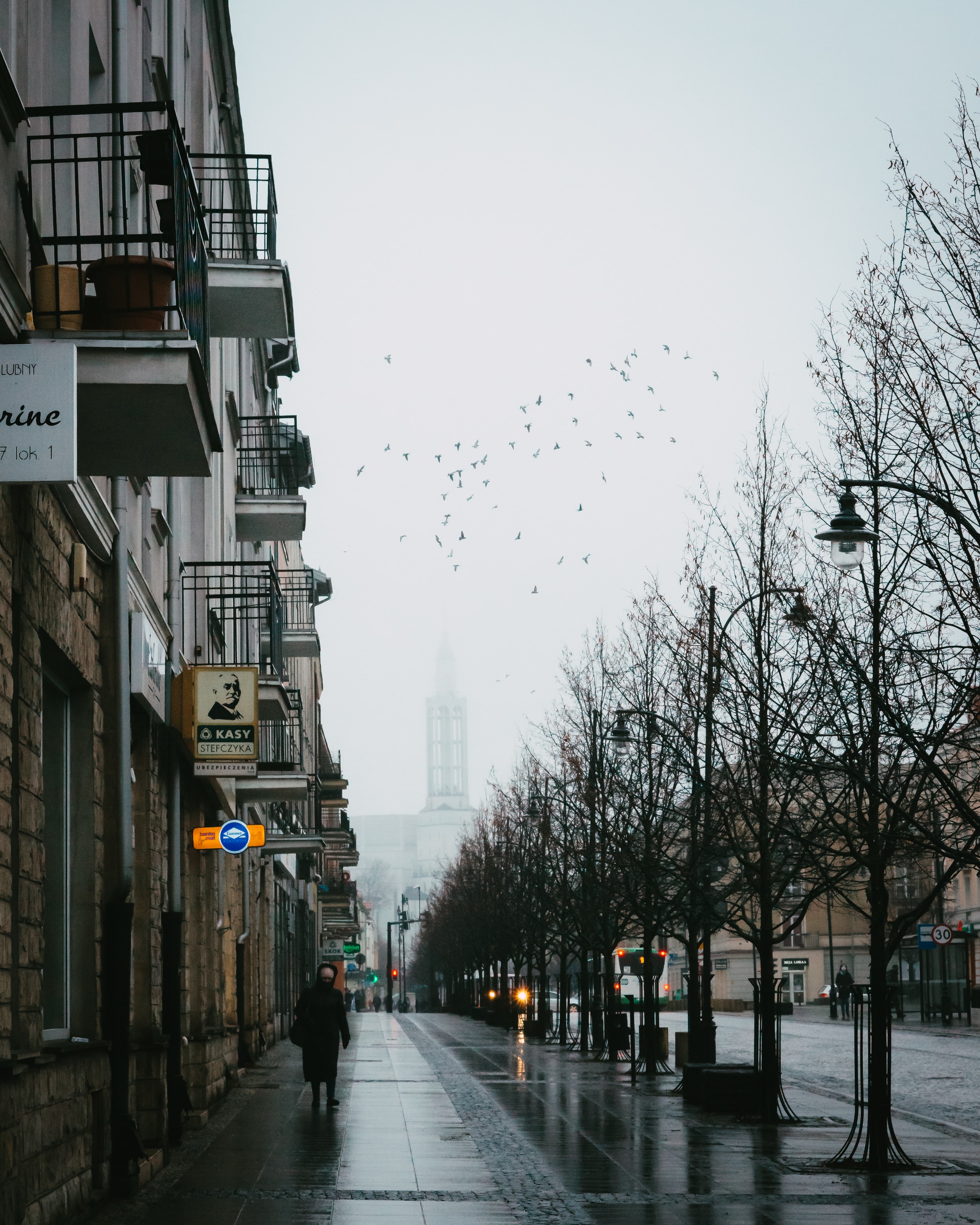 Bialystok Main Street on a rainy day